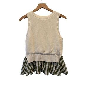En Saison Womens Size M Cream Sleeveless Sweater Knit Top Striped Ruffle Hem